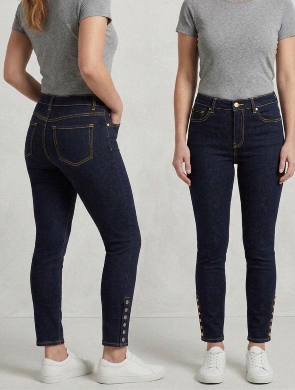 a.n.a Dark Wash Blue Jeggings with Snap Hem Accents - Picture 2 of 15